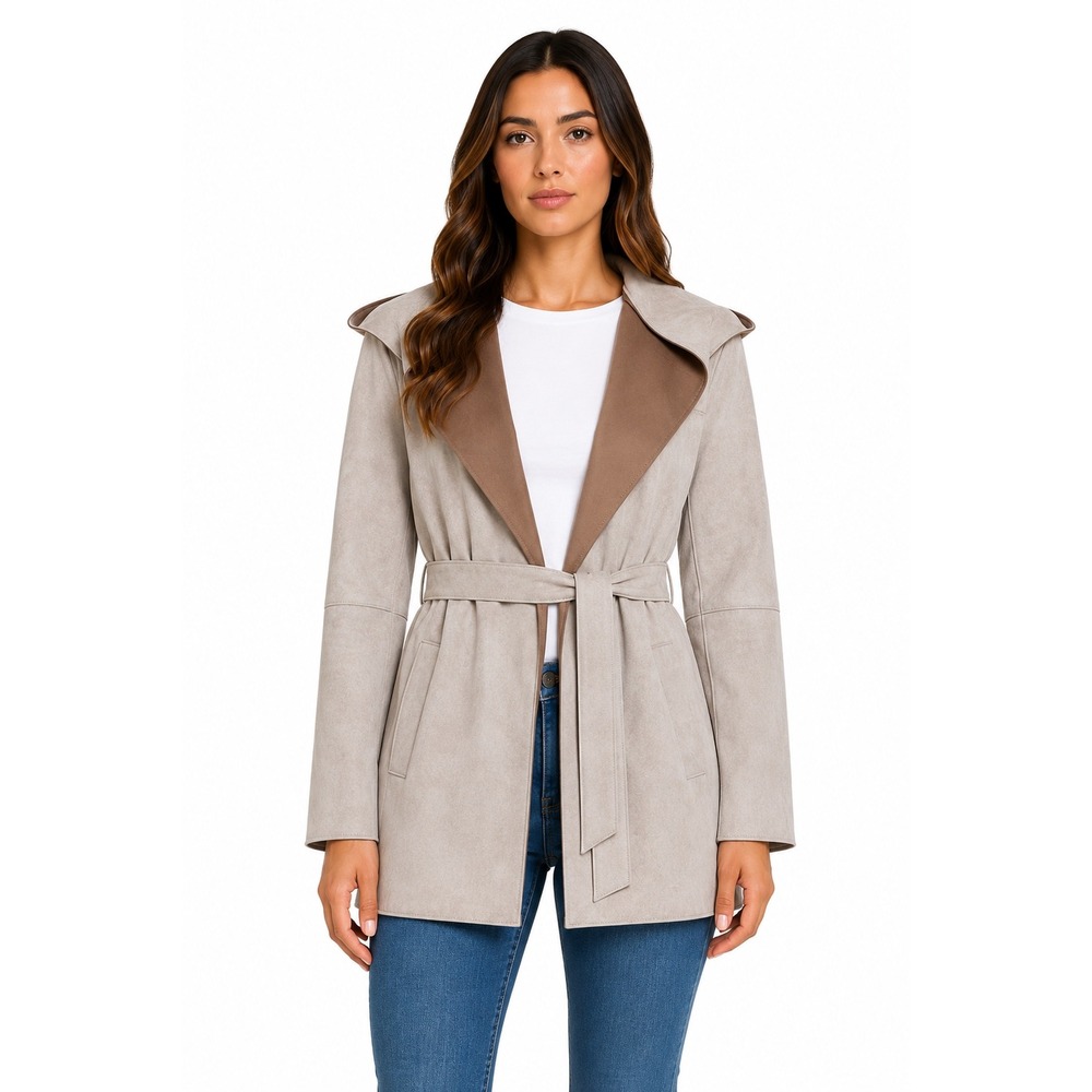 Zara Women Sand‎ Faux Suede Hooded Wrap Coat Belted Jacket Small